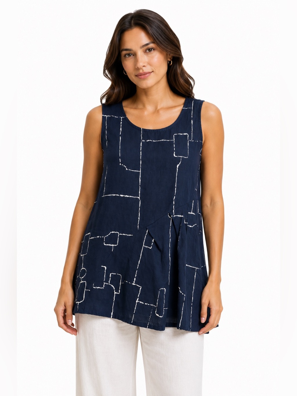 Chalet Et Ceci Lagenlook Linen Nautical Coastal Tank Top Navy Blue XS